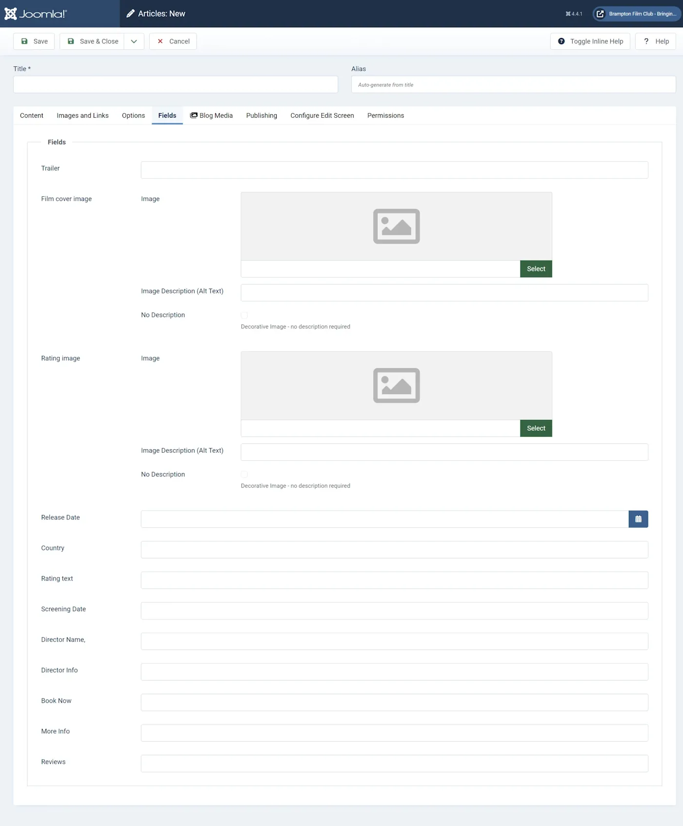 Brampton Film Club Joomla Custom Field Use